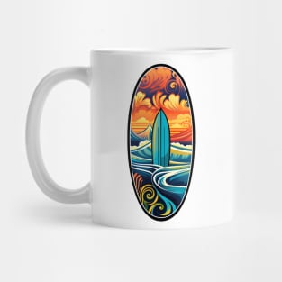 Retro Surfboard on a Vibrant Oceanic Backdrop Mug